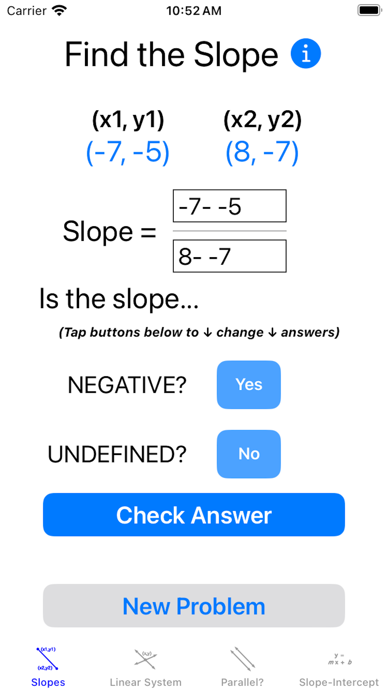 Screenshot showing the Find the Slope screen