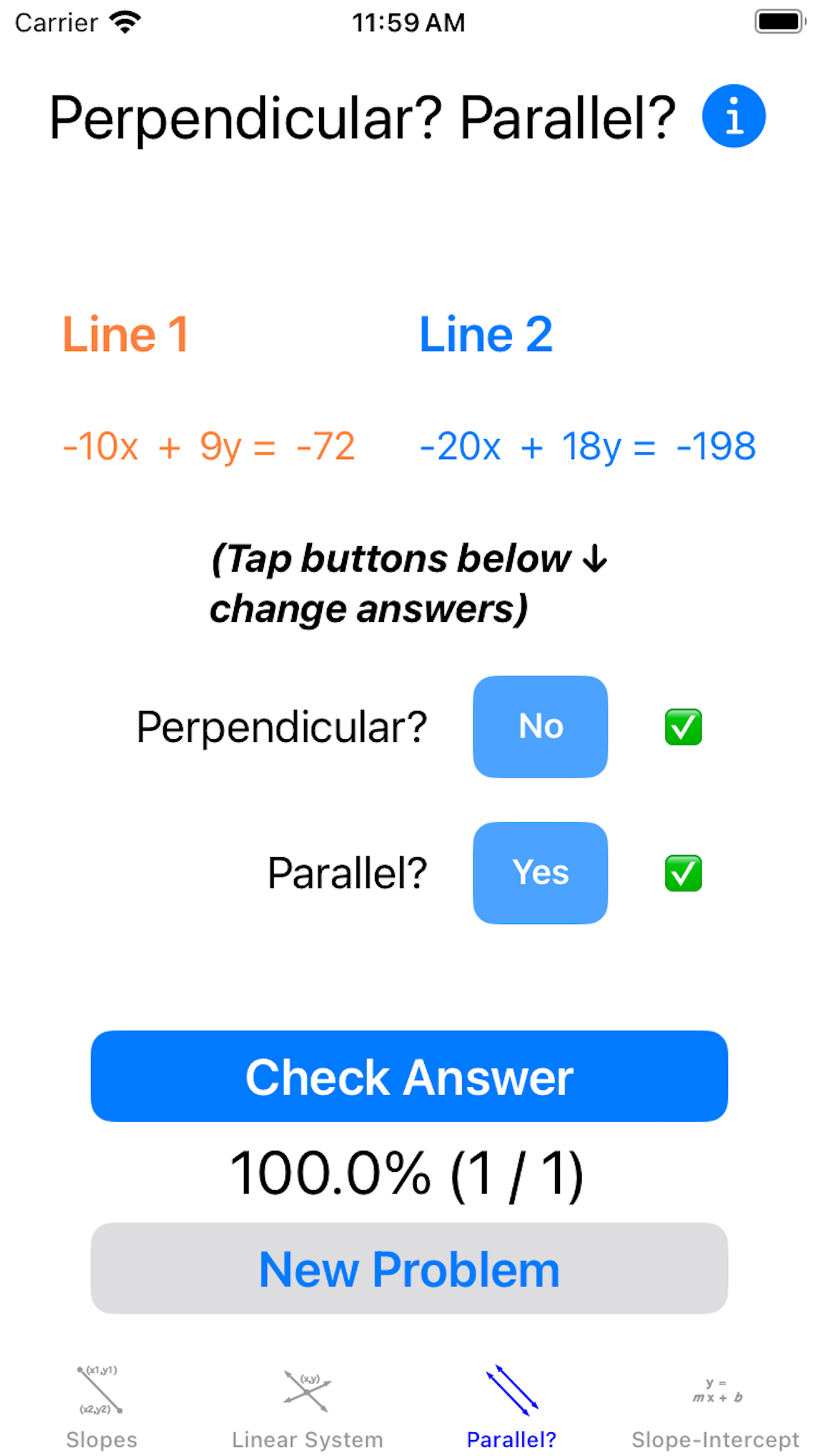 Screenshot showing the Perpendicular? Parallel? screen